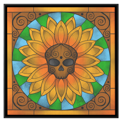 Stained Glass Skull Sunflower | Artist Signature | Square Framed Canvas