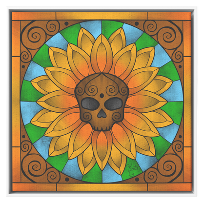 Stained Glass Skull Sunflower | Artist Signature | Square Framed Canvas