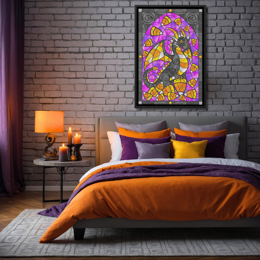 Stained Glass Candy Corn Dragon | Artist Signature | Rectangle Framed Canvas Wrap