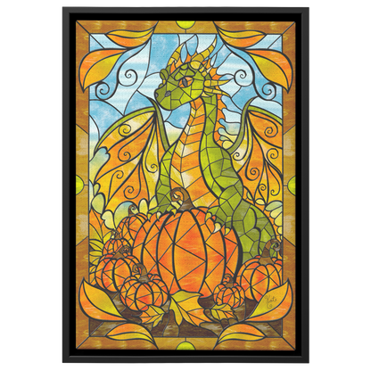 Stained Glass Pumpkin Autumn Dragon | Artist Signature | Rectangle Framed Canvas