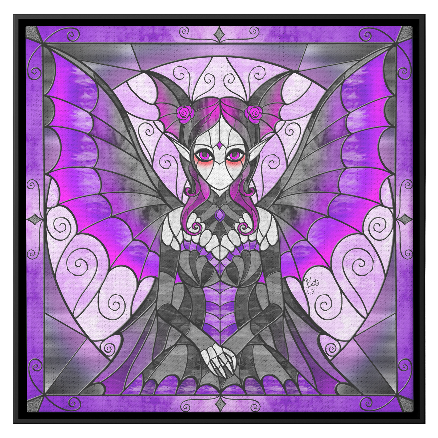 Stained Glass Violet Vampire Fairy | Artist Signature | Square Framed Canvas