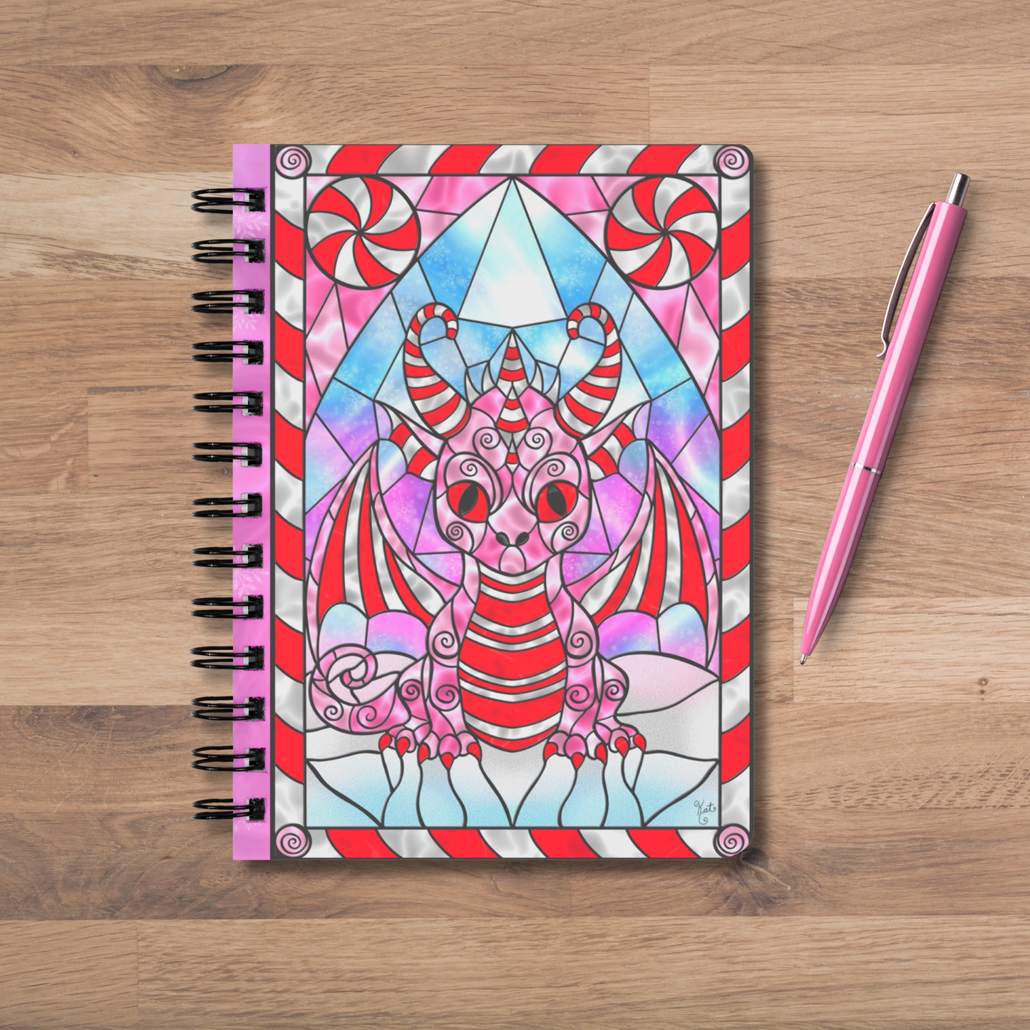 Stained Glass Candy Cane Dragon | Artist Signature | Spiral Notebook