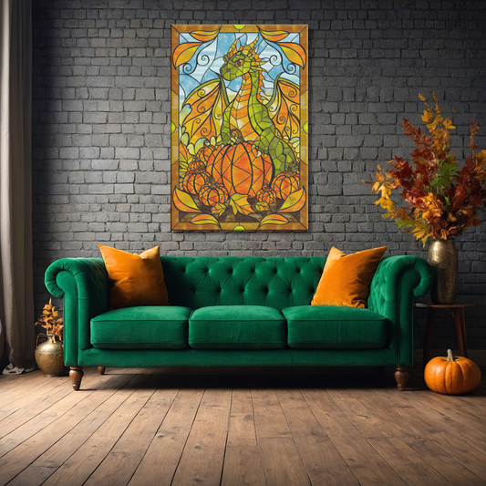 Stained Glass Pumpkin Autumn Dragon | Artist Signature | Rectangle Canvas Wrap