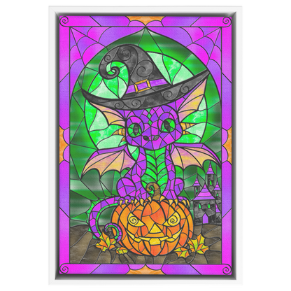 Stained Glass Baby Witch Dragon | Artist Signature | Rectangle Framed Canvas