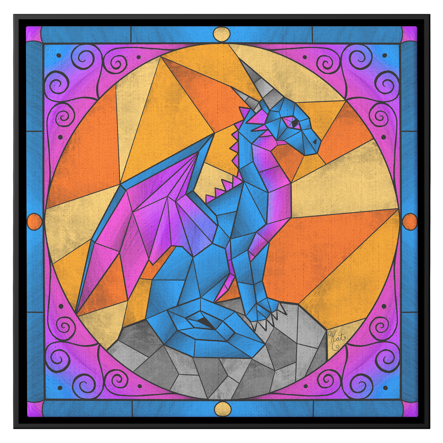 Stained Glass Geometric Blue Dragon | Artist Signature | Square Framed Canvas