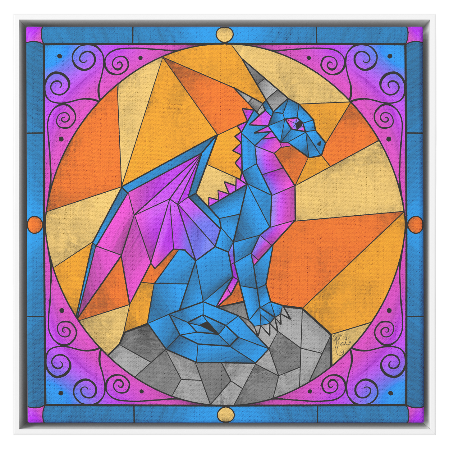 Stained Glass Geometric Blue Dragon | Artist Signature | Square Framed Canvas