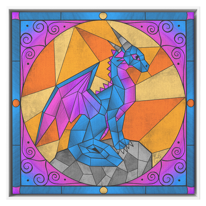 Stained Glass Geometric Blue Dragon | Artist Signature | Square Framed Canvas