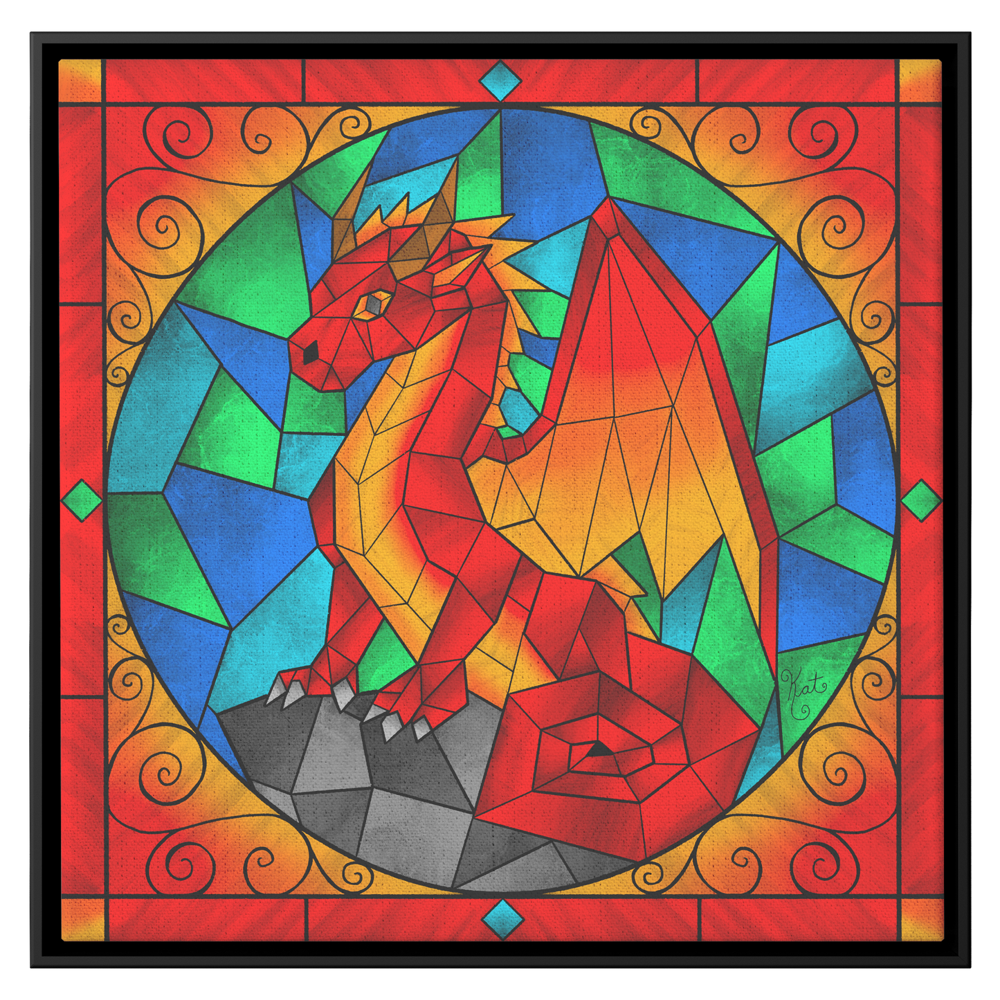 Stained Glass Geometric Red Dragon | Artist Signature | Square Framed Canvas