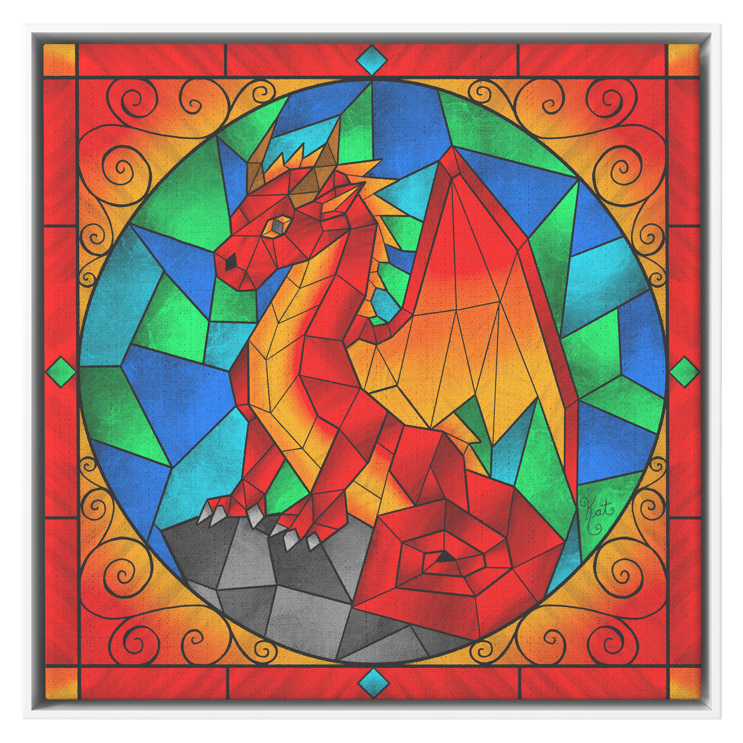 Stained Glass Geometric Red Dragon | Artist Signature | Square Framed Canvas