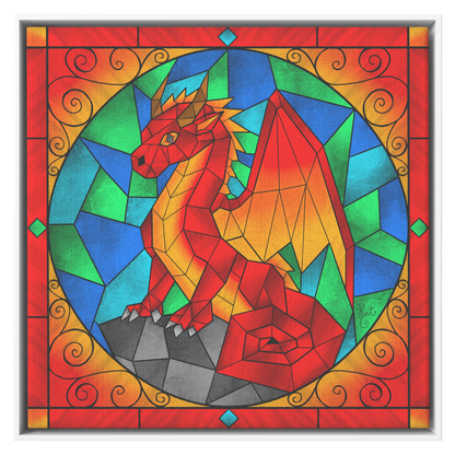 Stained Glass Geometric Red Dragon | Artist Signature | Square Framed Canvas