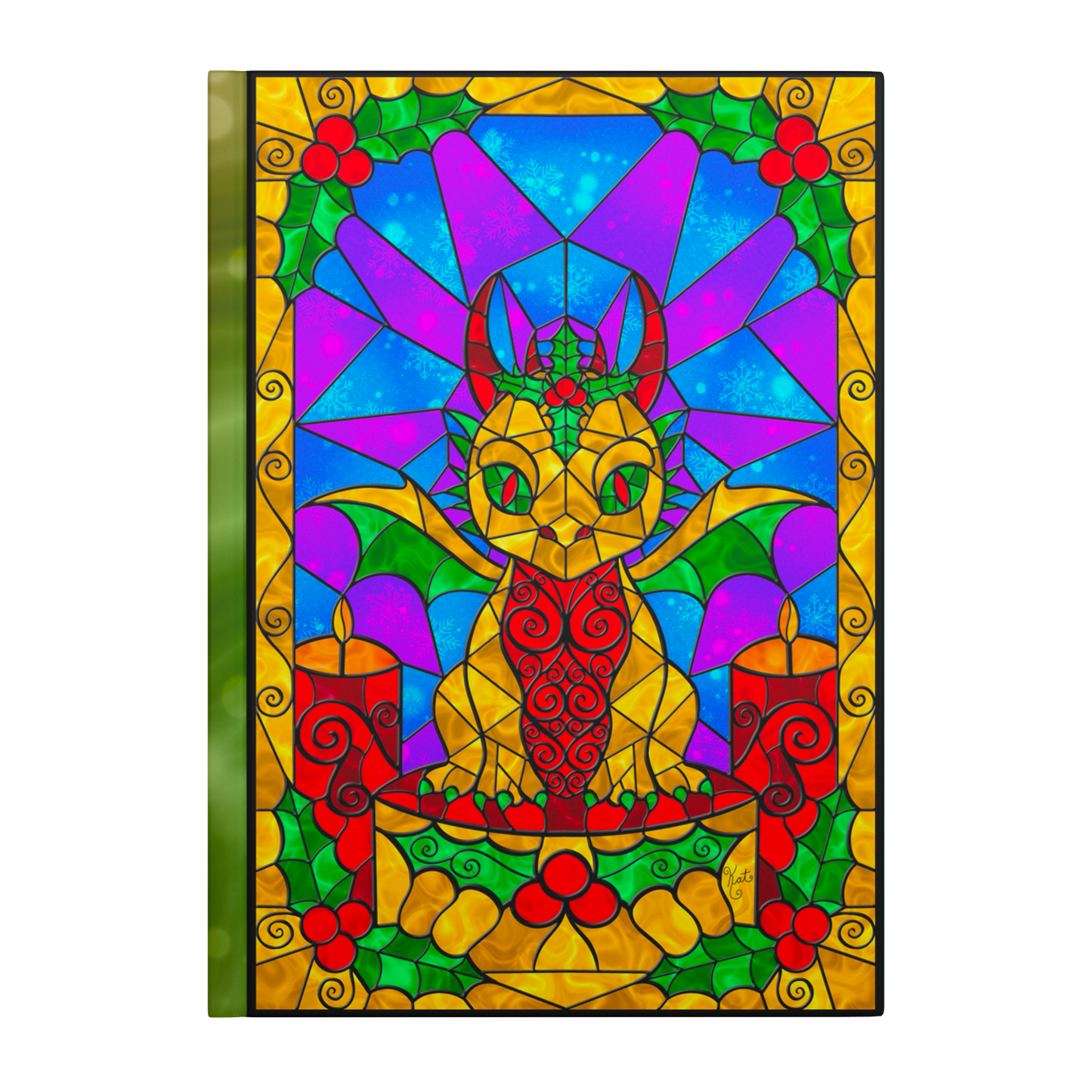 Stained Glass Golden Holly Berry Dragon | Artist Signature | Hardcover Journal