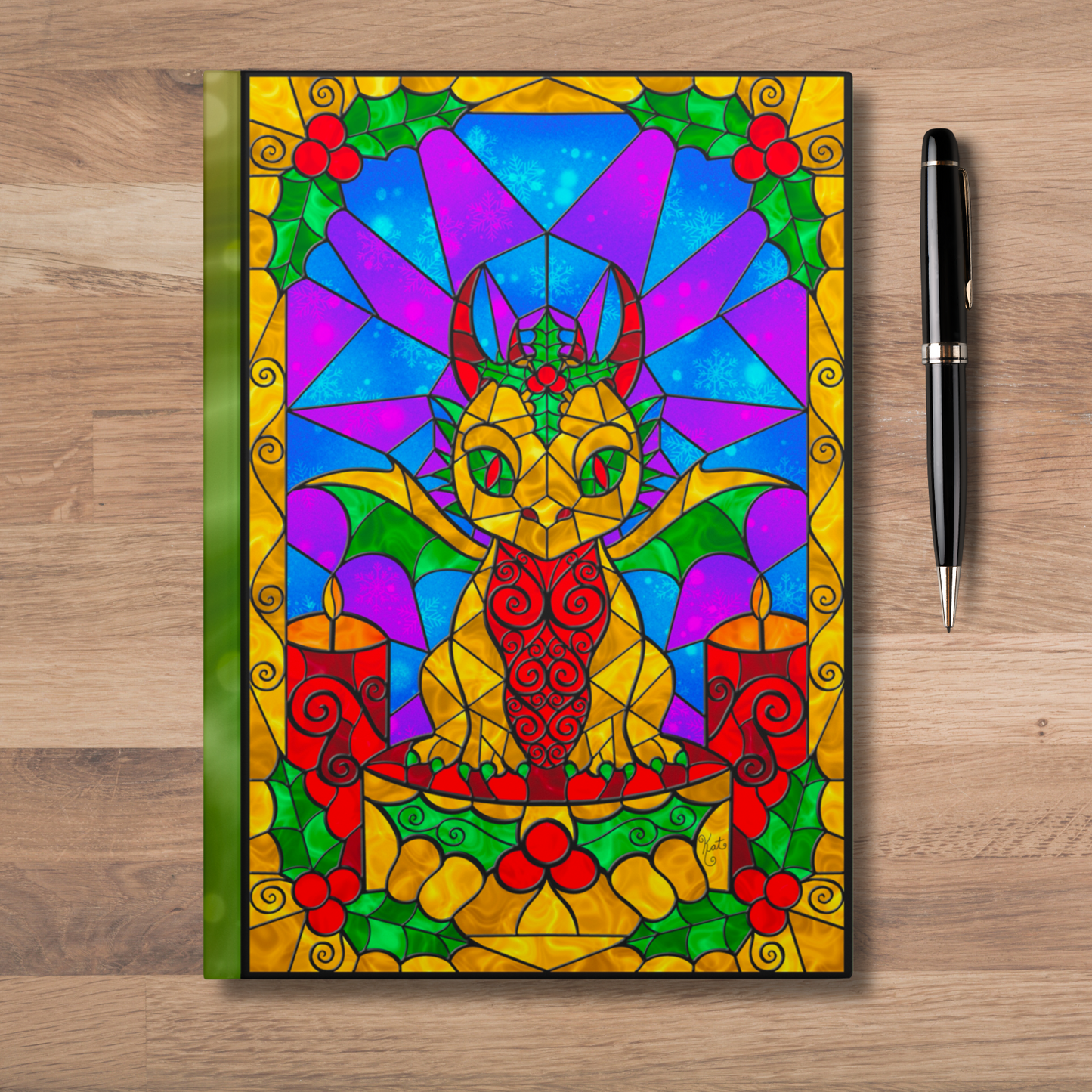 Stained Glass Golden Holly Berry Dragon | Artist Signature | Hardcover Journal