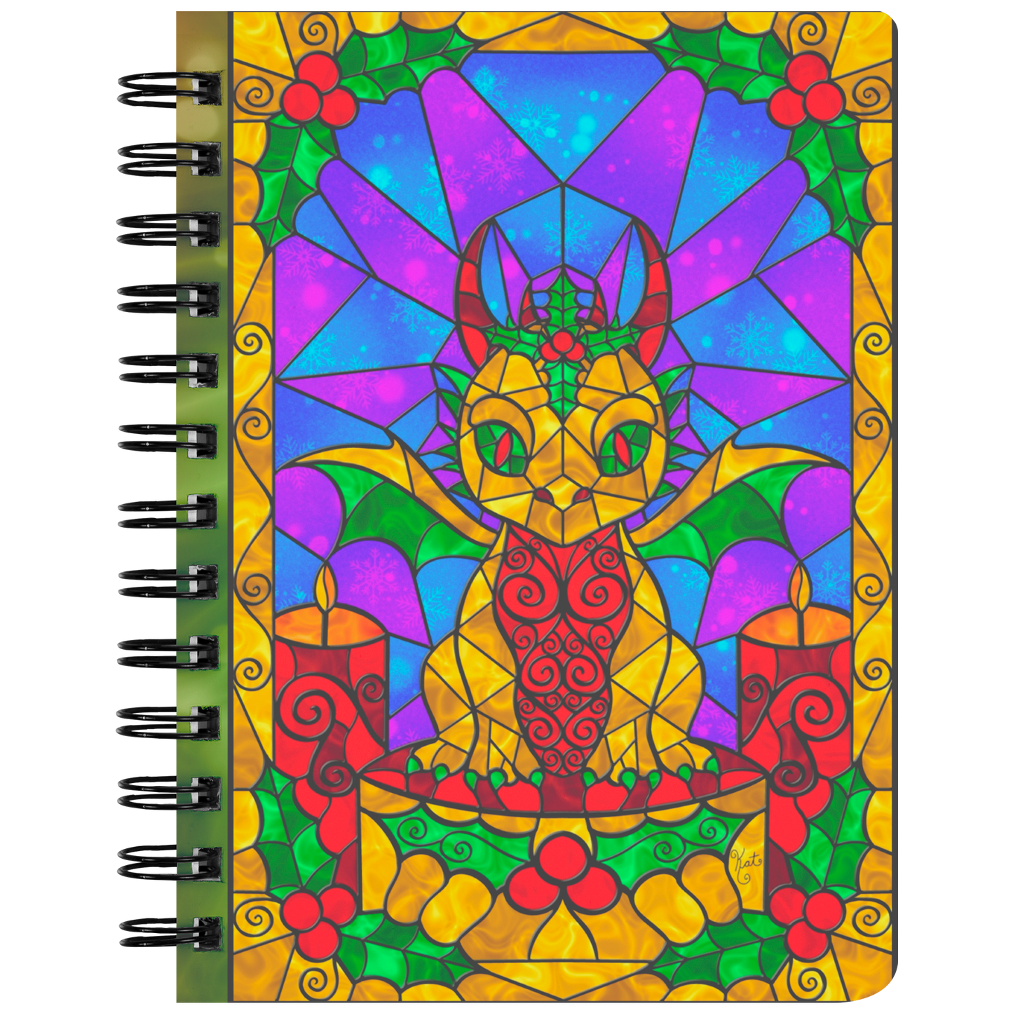 Stained Glass Golden Holly Berry Dragon | Artist Signature | Spiral Notebook