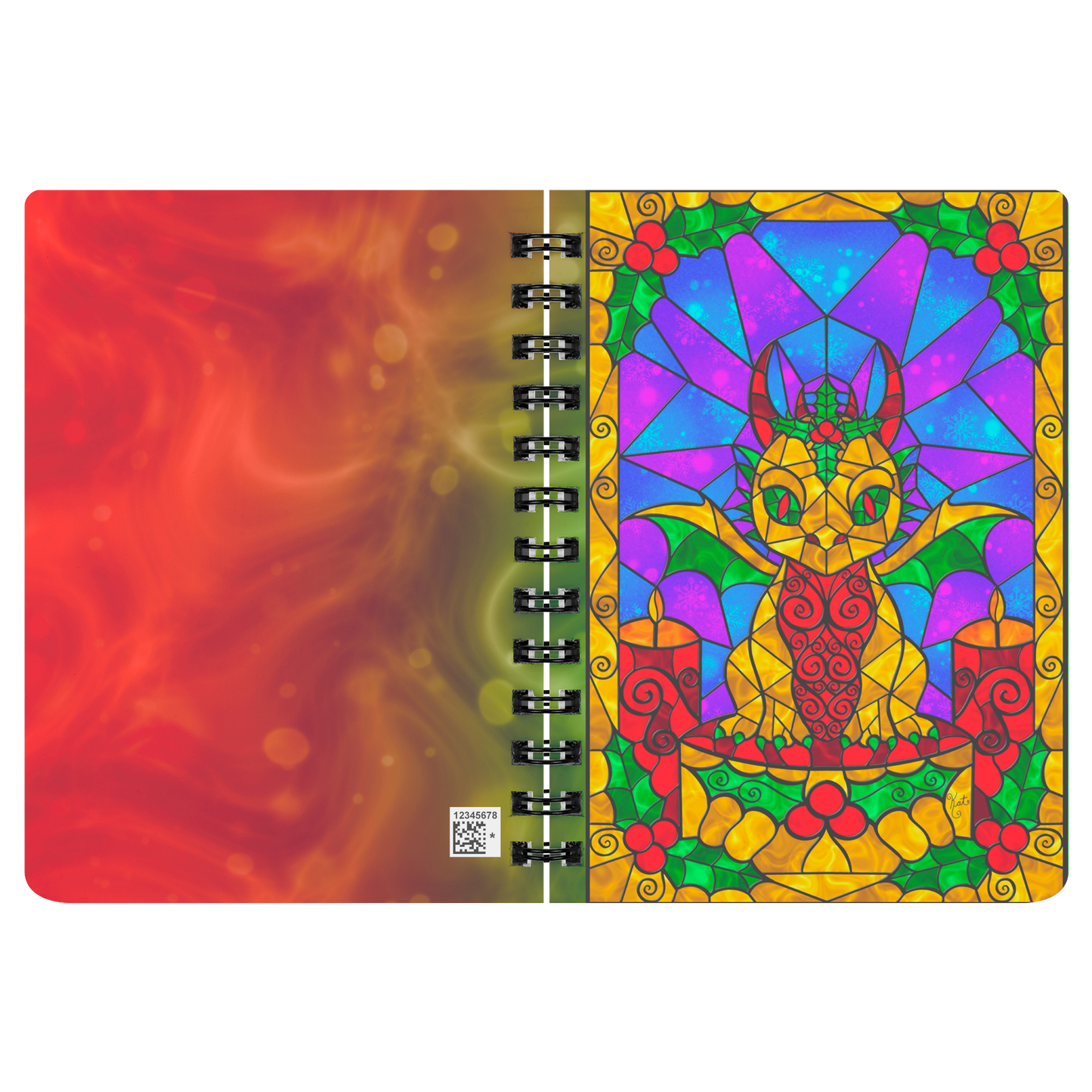 Stained Glass Golden Holly Berry Dragon | Artist Signature | Spiral Notebook