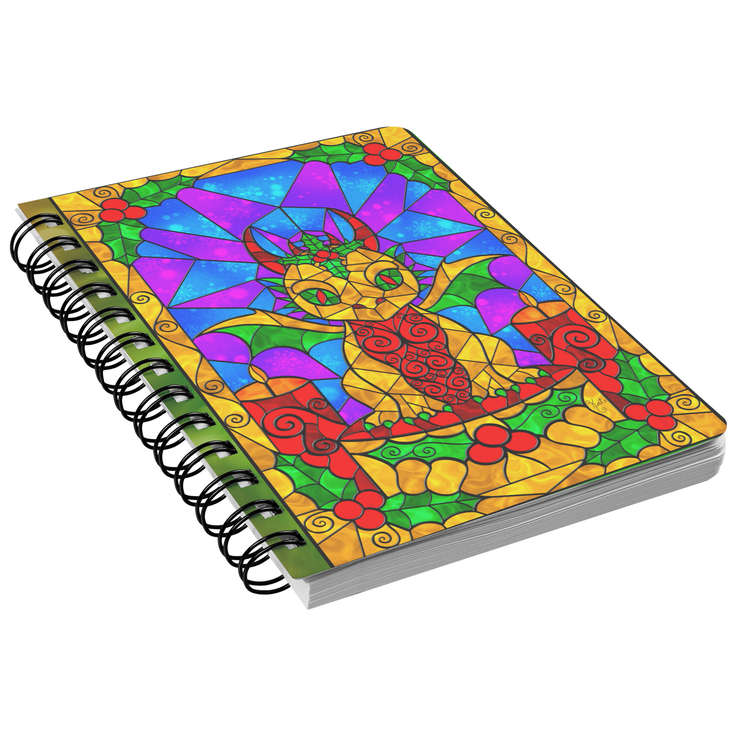 Stained Glass Golden Holly Berry Dragon | Artist Signature | Spiral Notebook