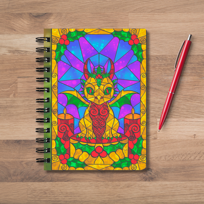 Stained Glass Golden Holly Berry Dragon | Artist Signature | Spiral Notebook