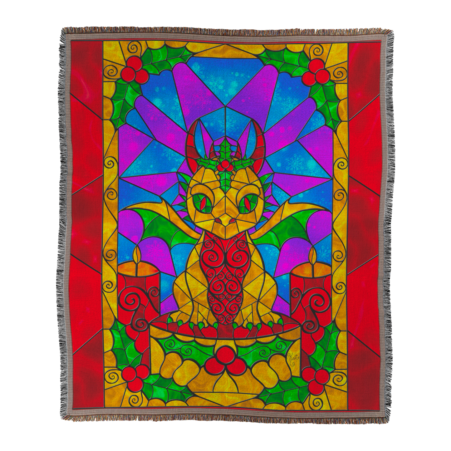 Stained Glass Golden Holly Berry Dragon | Artist Signature | Woven Blanket