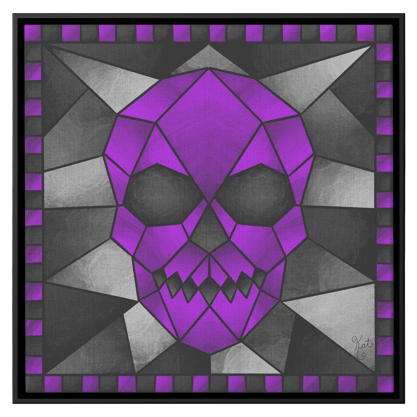 Stained Glass Geometric Purple Skull | Artist Signature | Square Framed Canvas