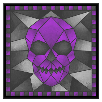 Stained Glass Geometric Purple Skull | Artist Signature | Square Framed Canvas