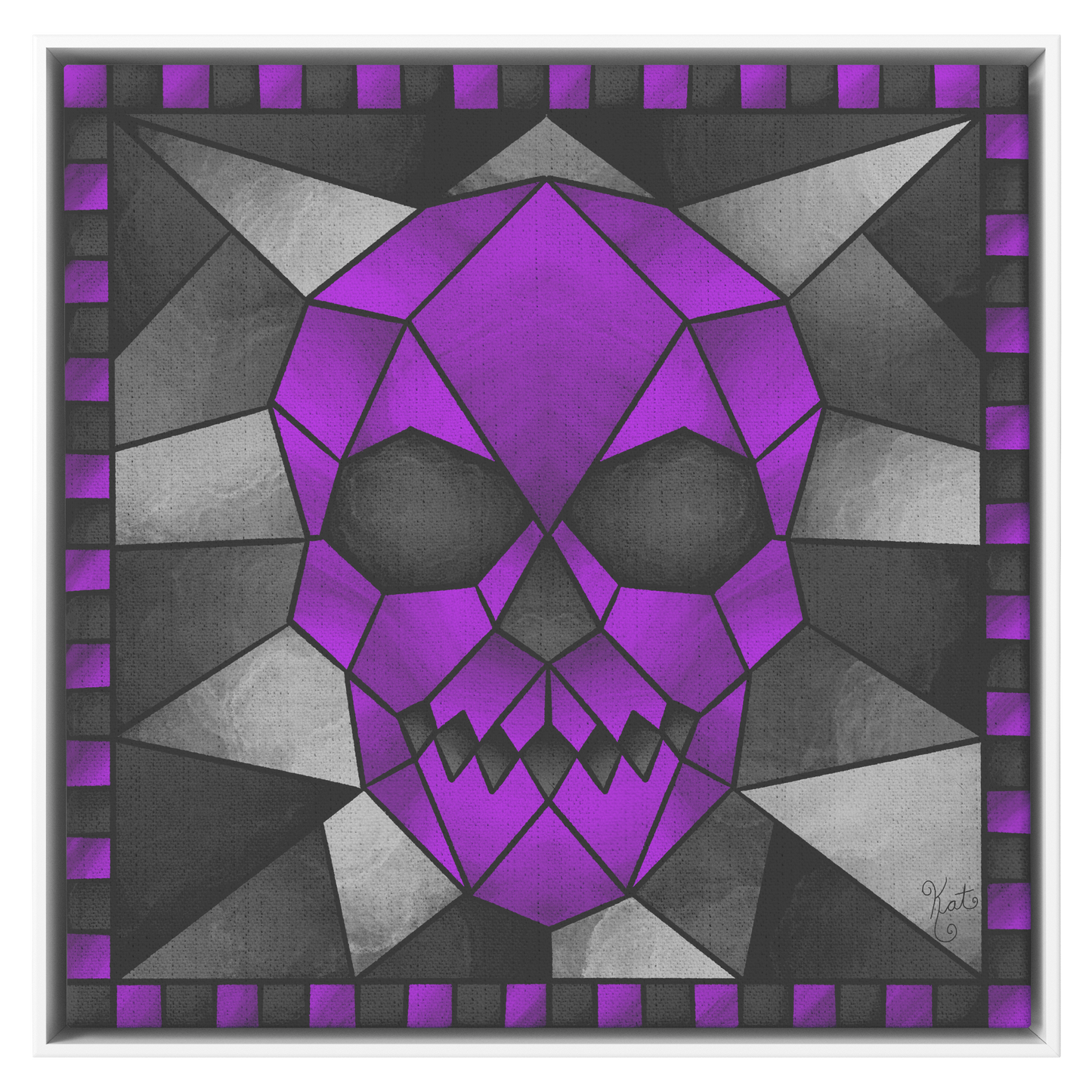 Stained Glass Geometric Purple Skull | Artist Signature | Square Framed Canvas