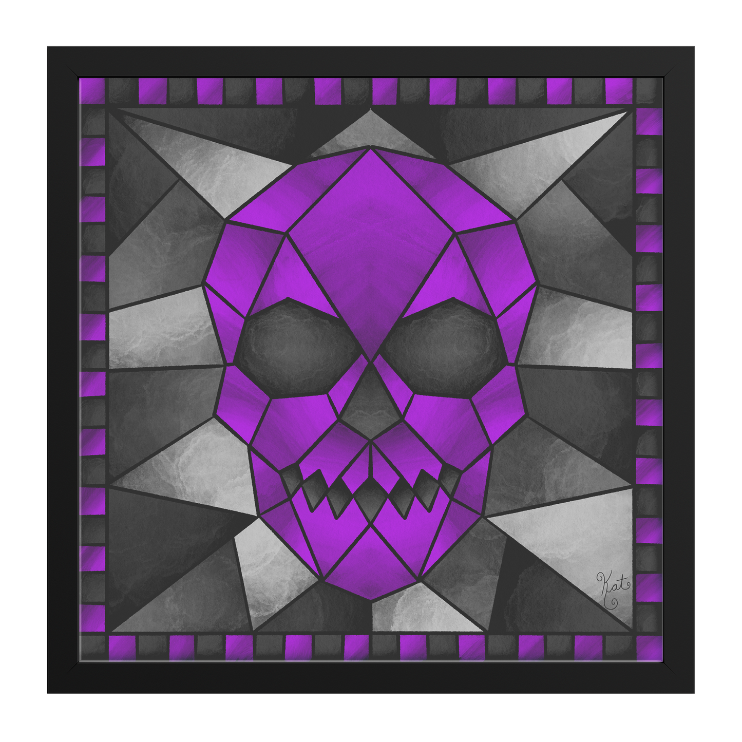 Stained Glass Geometric Purple Skull | Artist Signature | Square Framed Art Print