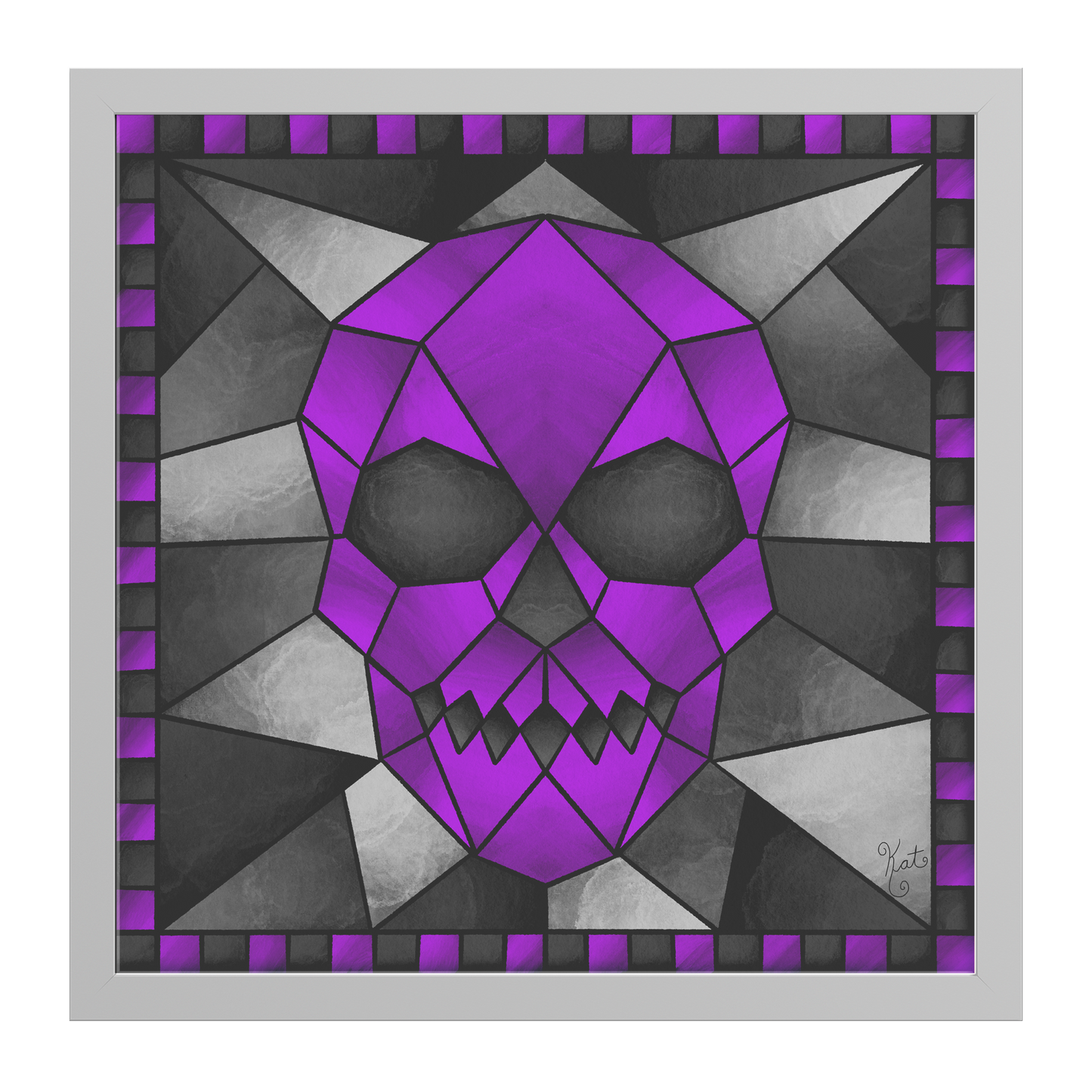 Stained Glass Geometric Purple Skull | Artist Signature | Square Framed Art Print