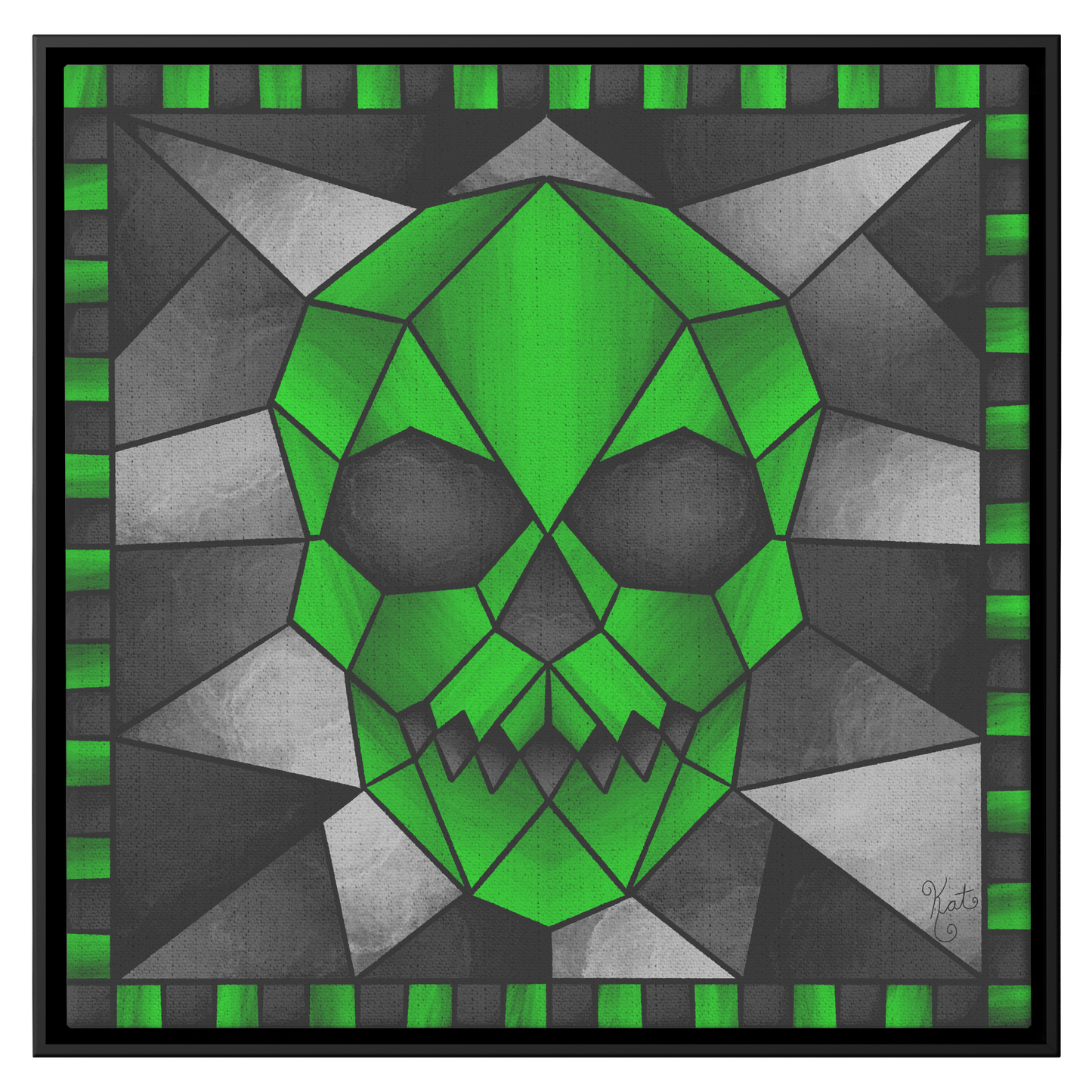 Stained Glass Geometric Green Skull | Artist Signature | Square Framed Canvas