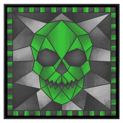 Stained Glass Geometric Green Skull | Artist Signature | Square Framed Canvas