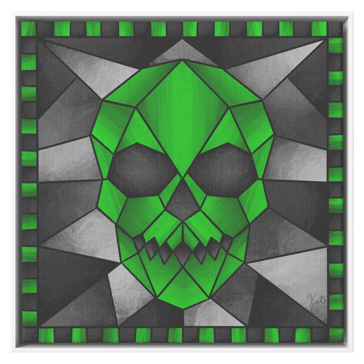 Stained Glass Geometric Green Skull | Artist Signature | Square Framed Canvas