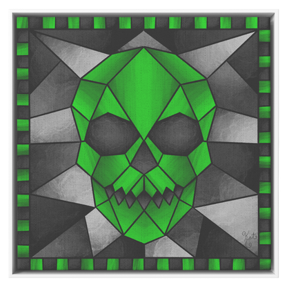 Stained Glass Geometric Green Skull | Artist Signature | Square Framed Canvas