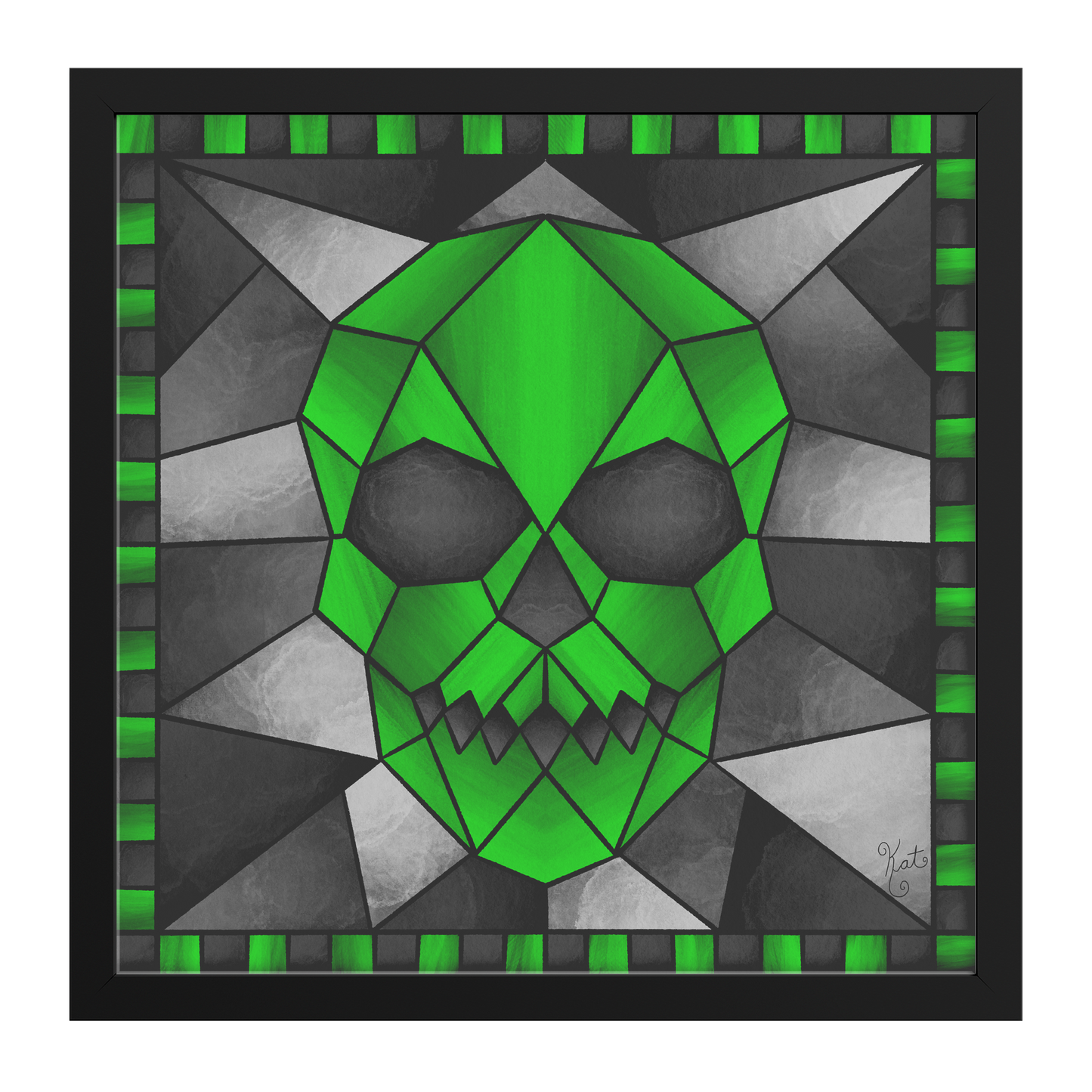 Stained Glass Geometric Green Skull | Artist Signature | Square Framed Art Print