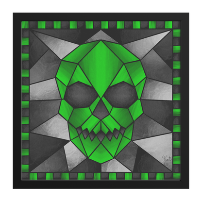 Stained Glass Geometric Green Skull | Artist Signature | Square Framed Art Print