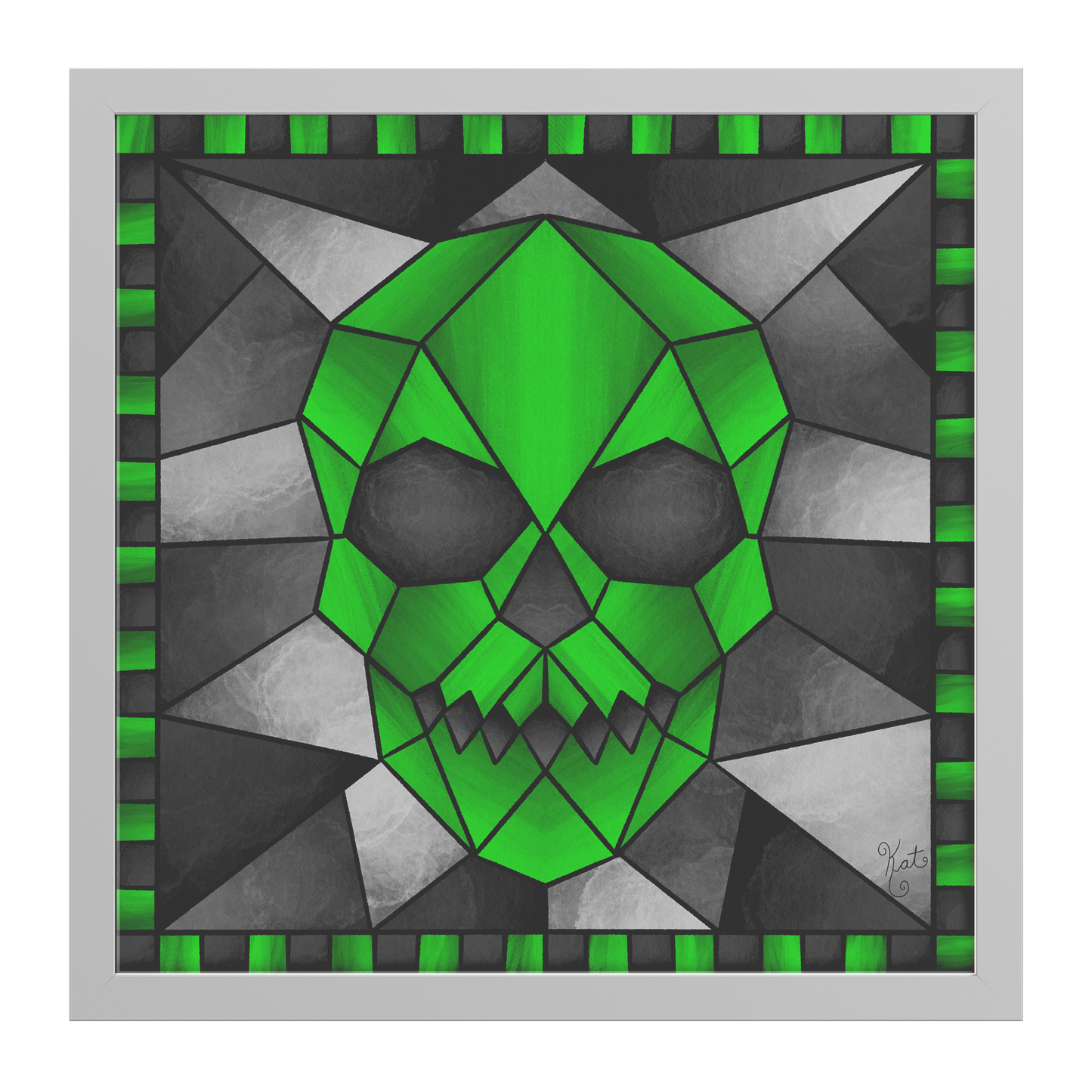 Stained Glass Geometric Green Skull | Artist Signature | Square Framed Art Print