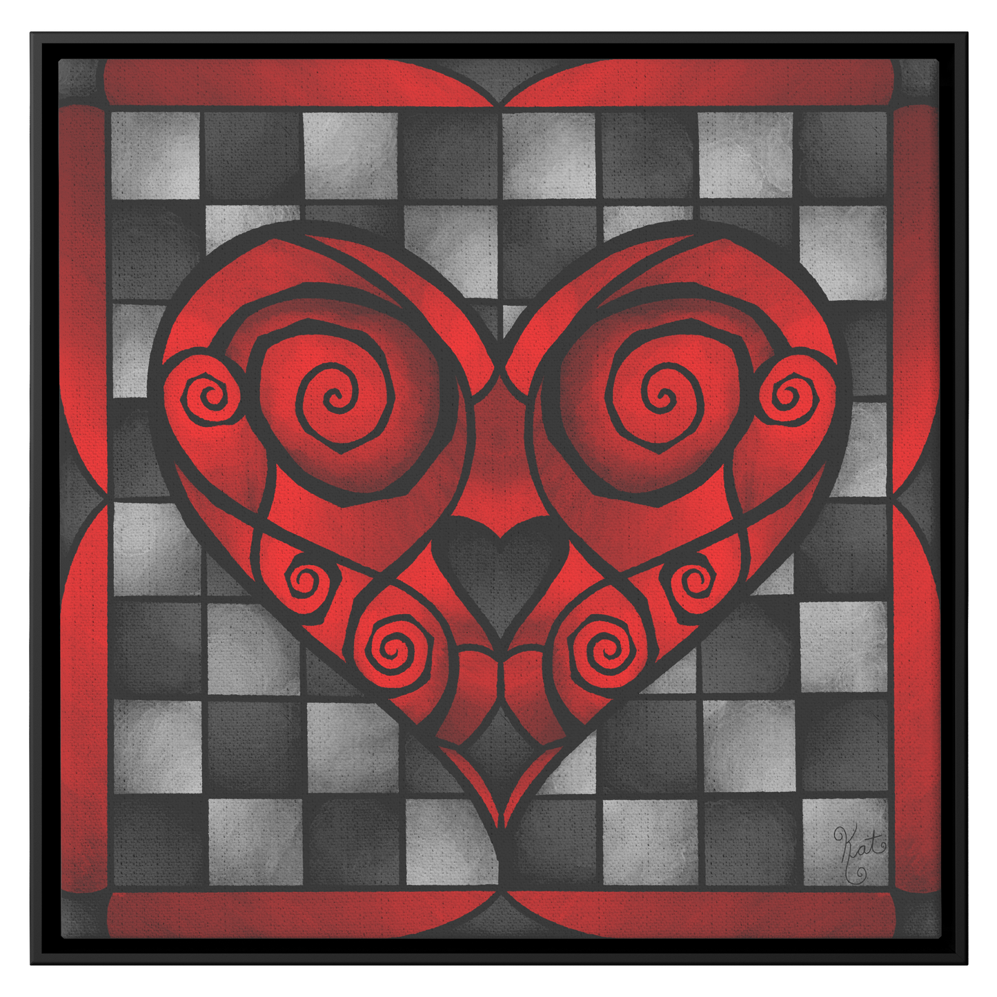 Stained Glass Swirled Red Heart With Checkers | Artist Signature | Square Framed Canvas