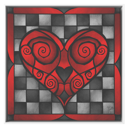 Stained Glass Swirled Red Heart With Checkers | Artist Signature | Square Framed Canvas