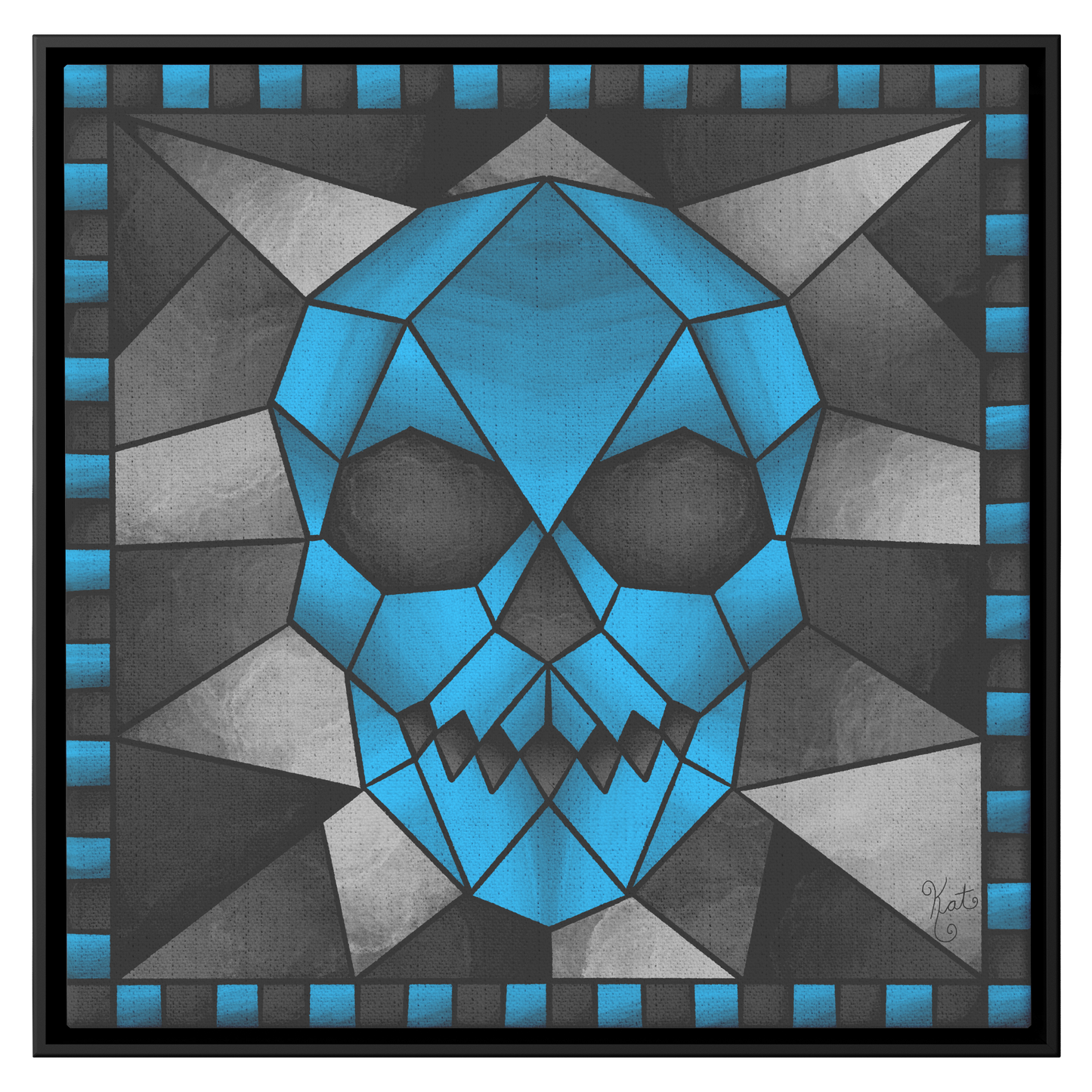 Stained Glass Geometric Blue Skull | Artist Signature | Square Framed Canvas