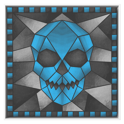 Stained Glass Geometric Blue Skull | Artist Signature | Square Framed Canvas