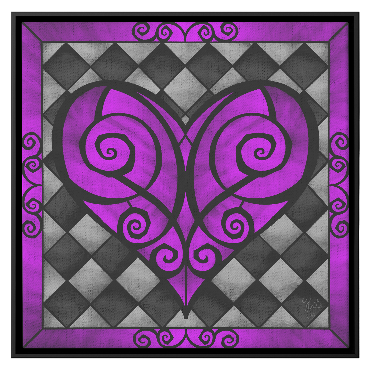 Stained Glass Swirled Purple Heart With Diamond Checkers | Artist Signature | Square Framed Canvas