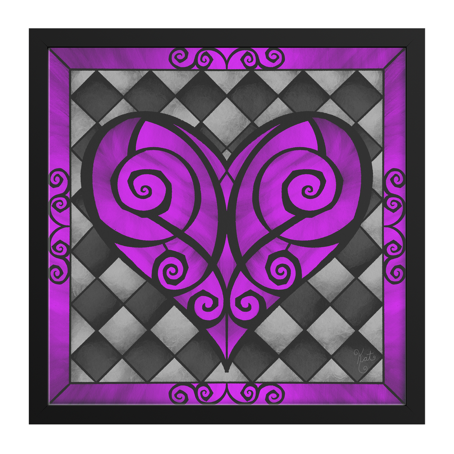 Stained Glass Swirled Purple Heart With Diamond Checkers | Artist Signature | Square Framed Art Print