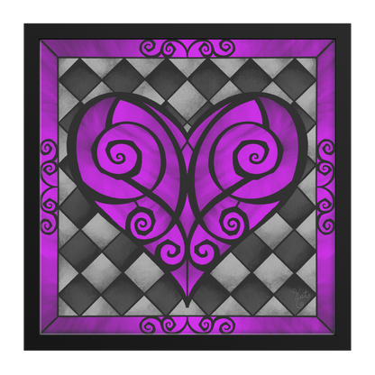 Stained Glass Swirled Purple Heart With Diamond Checkers | Artist Signature | Square Framed Art Print