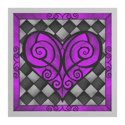 Stained Glass Swirled Purple Heart With Diamond Checkers | Artist Signature | Square Framed Art Print