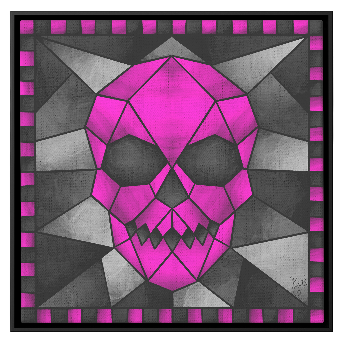 Stained Glass Geometric Pink Skull | Artist Signature | Square Framed Canvas