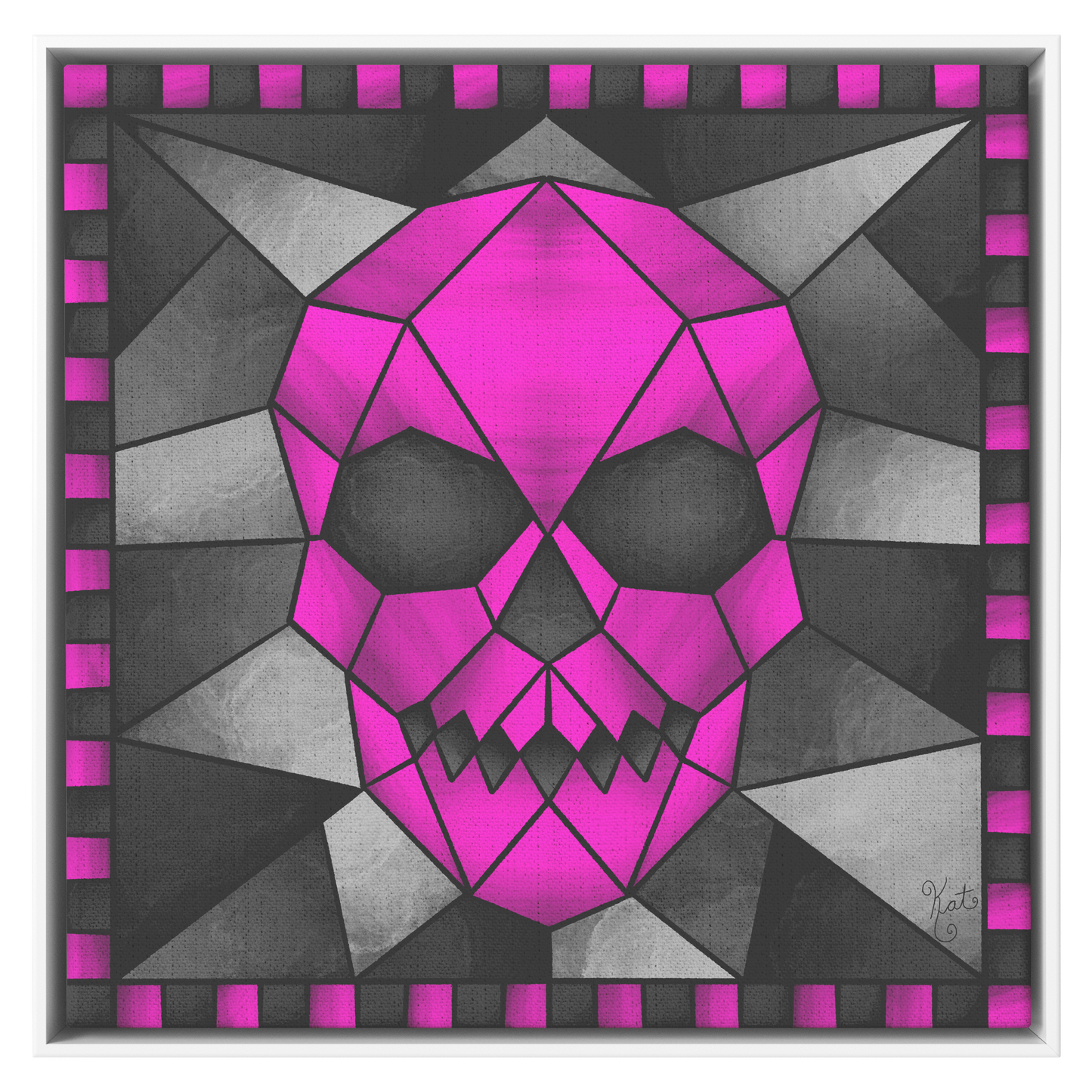 Stained Glass Geometric Pink Skull | Artist Signature | Square Framed Canvas