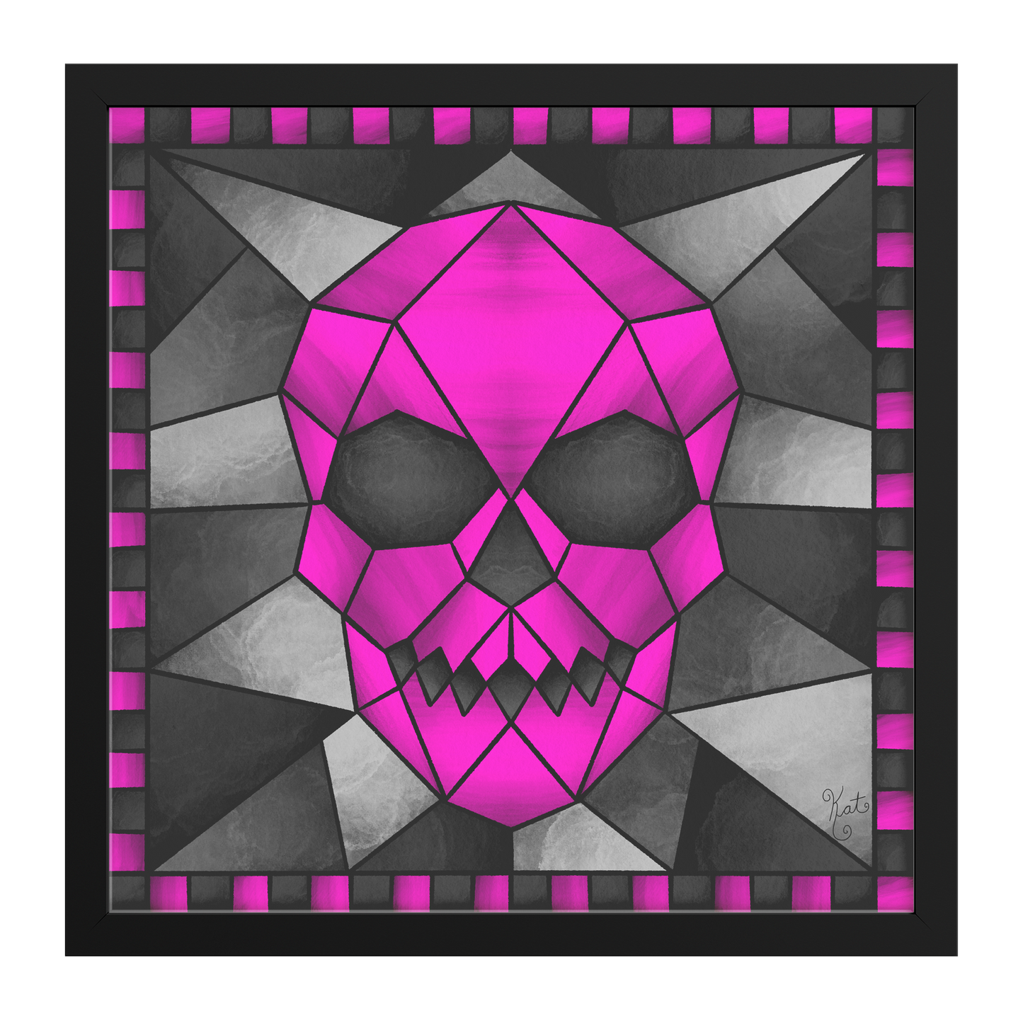 Stained Glass Geometric Pink Skull | Artist Signature | Square Framed Art Print