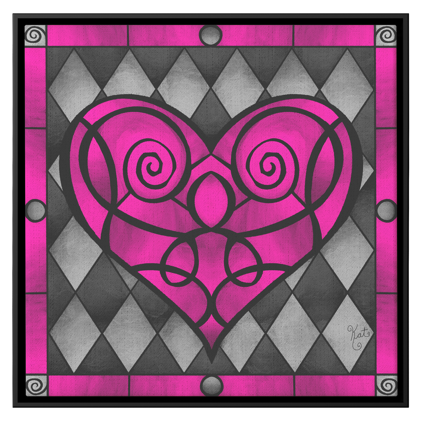 Stained Glass Swirled Pink Heart With Diamonds | Artist Signature | Square Framed Canvas