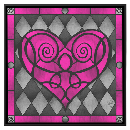 Stained Glass Swirled Pink Heart With Diamonds | Artist Signature | Square Framed Canvas