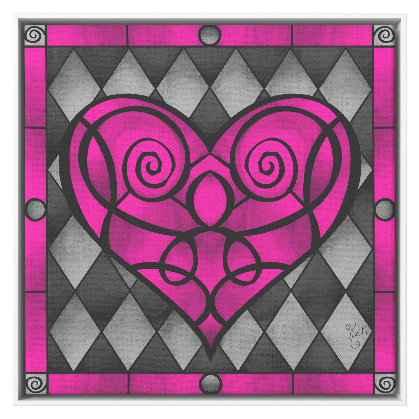 Stained Glass Swirled Pink Heart With Diamonds | Artist Signature | Square Framed Canvas