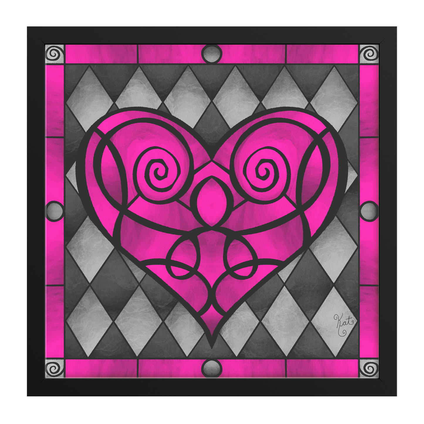 Stained Glass Swirled Pink Heart With Diamonds | Artist Signature | Square Framed Art Print