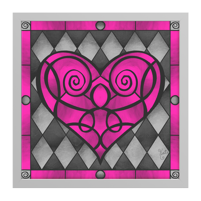 Stained Glass Swirled Pink Heart With Diamonds | Artist Signature | Square Framed Art Print