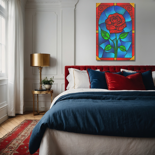 Stained Glass Swirled Red Rose | Artist Signature | Rectangle Canvas Wrap